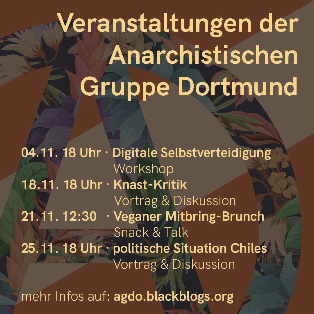 4.11. Digitale Selbstverteidigung, 18.11. Knast-Kritik, 21.11. Veganer Mitbring-Brunch, 25.11. politische Situation Chiles