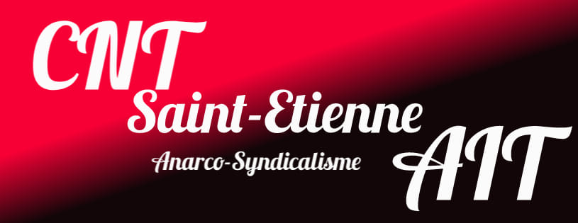 rot-schwarzes Logo mit Schriftzug: "CNT-AIT Saint-Etienne - Anarco-syndicalisme"