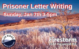 January landscape in southern Appalachia with icy grass and barren trees, "Prisoner Letter Writing | Sunday, Jan 7th 3-5pm, Firestorm 1022 Haywood Rd | Blue Ridge ABC"