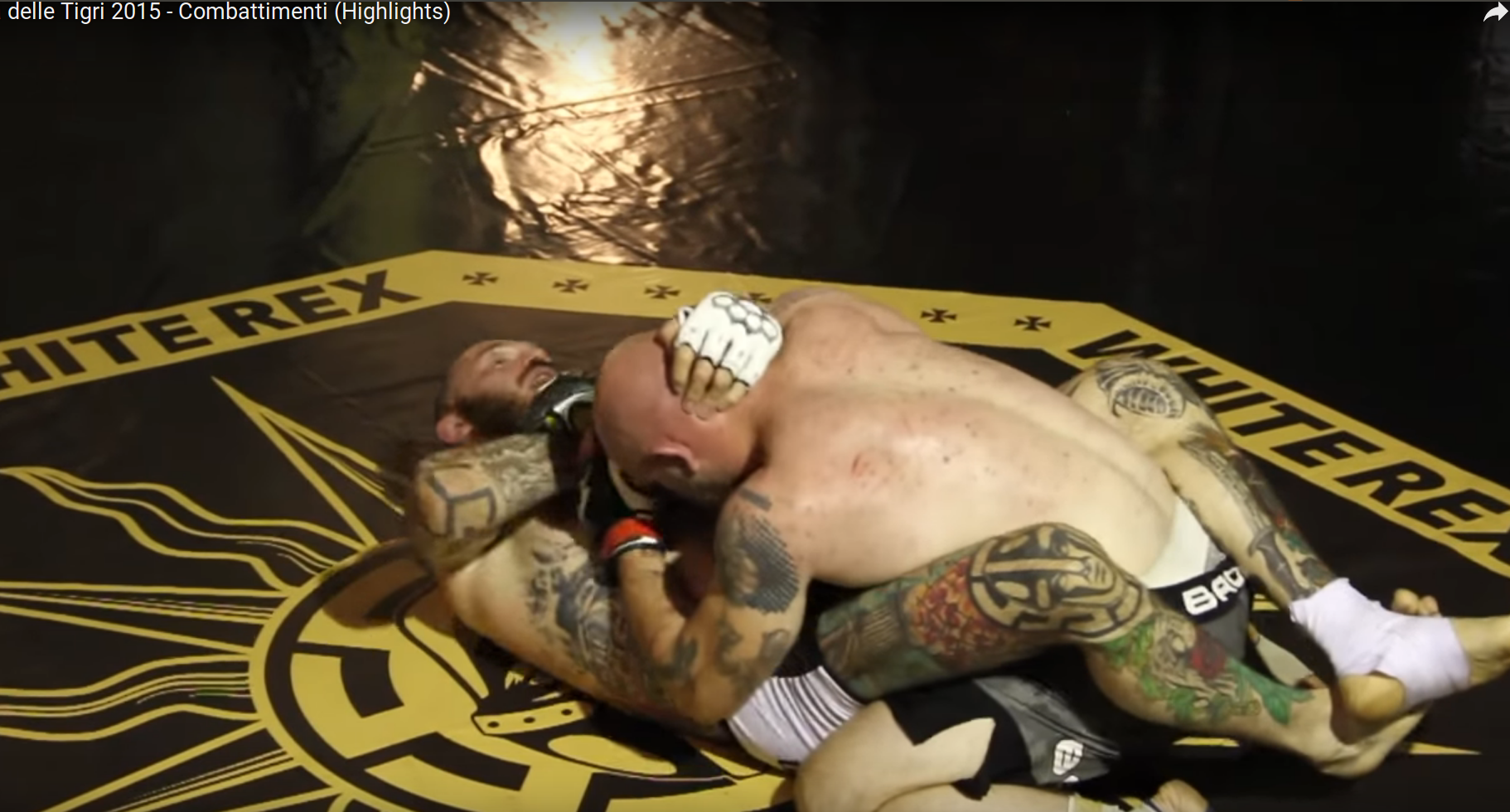 Der tschechische MMA-Kämpfer Vít Mrákota mit „White Rex“-Tattoo am Knie, hier bei einem Kampf auf dem „Tana delle Tigri“ in Rom