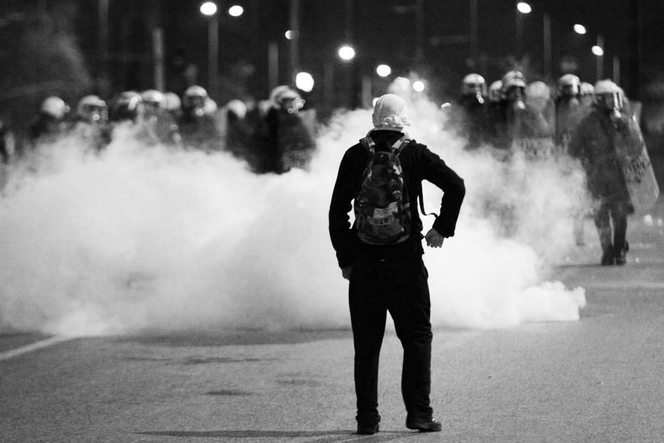 Greek comrades discovered left-wing tear gas tastes just like right-wing tear gas. Syntagma Square, June 2015