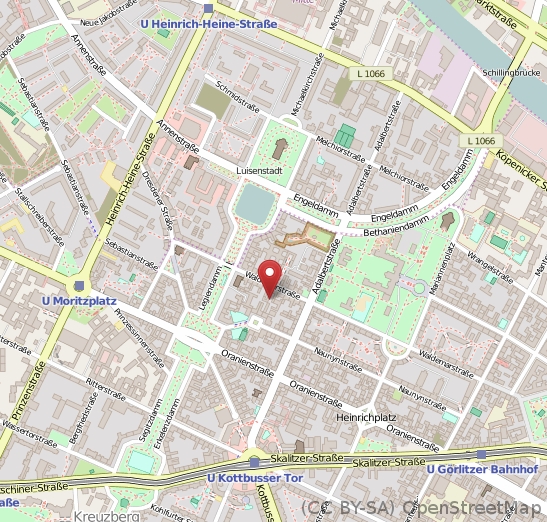 Ein Kartenausschnitt aus Kreuzberg mit einem Marker am Heilehaus