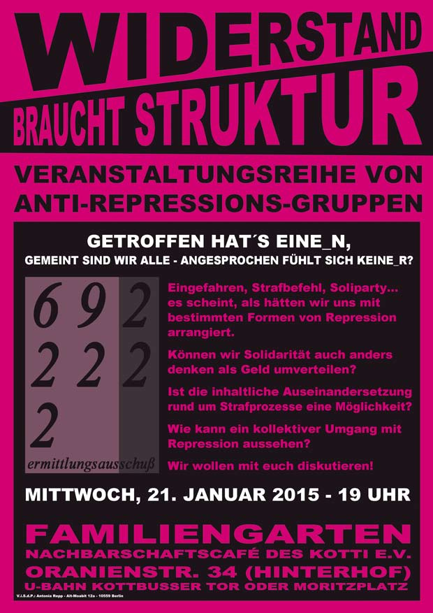 Flyer der Veranstaltung vom EA Berlin aus der Reihe Widerstand bracht Struktur