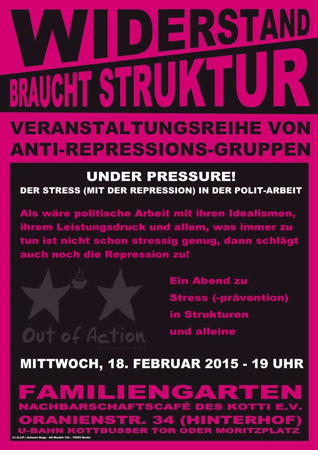 Flyer der Veranstaltung von Out of Action Berlin aus der Reihe Widerstand bracht Struktur