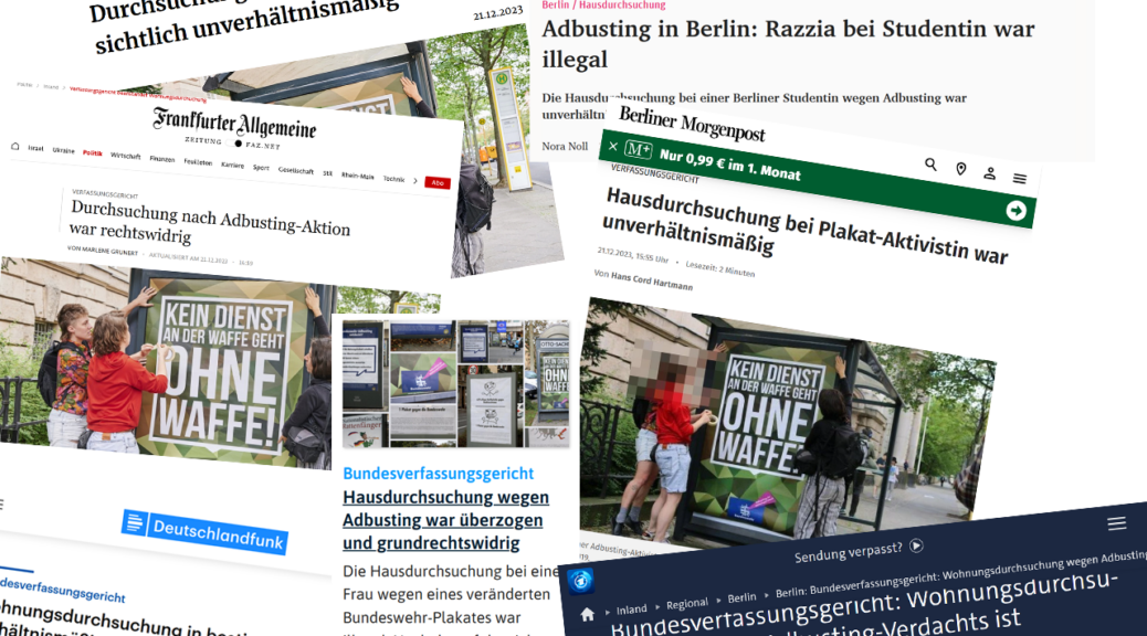 Screenshots diverser Nachrichtenseiten mit der Meldung vonm Adbusting-Urteil des Bundesverfassungsgerichts.