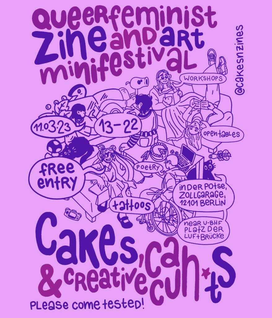 SharePic für das Minifestival. helllila mit kleinen gezeichneteten Figuren