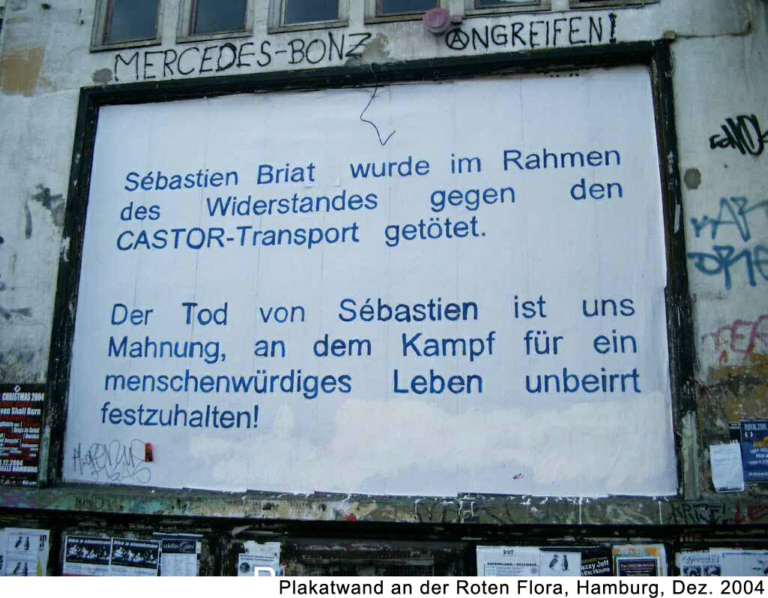 Plakatwand an der roten Flora 2004 zum Tod von Sébastien Briat