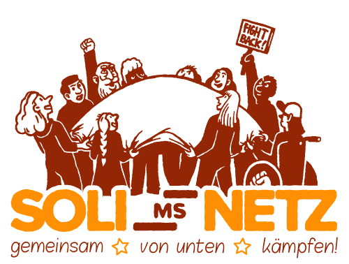 Soli-Netz Münster. Das Logo zeigt eine entschlossene Menschenmenge, die ein Sprungtuch in ihrer Mitte festhalten. Eine Person in kämpferischer Pose wird mit gemeinsamen Kräften hochkatapultiert.