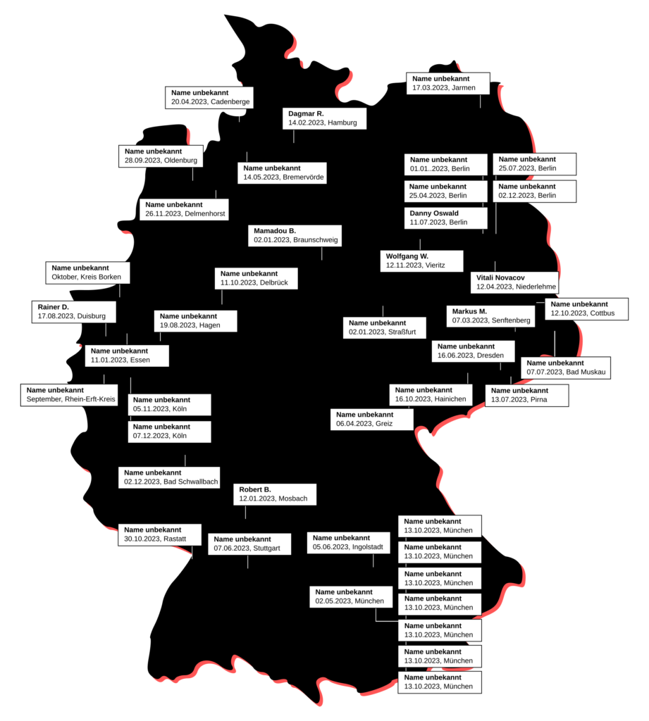 Deutschlandkarte, auf welcher 43 Todesfälle bei Polizeieinsätzen im Jahr 2023 verzeichnet sind.