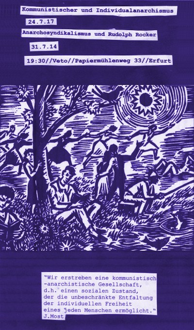 Veranstaltungen im veto. Donnerstag, 24.07, 19:30, Kommunistischer und Individualanarchismus und am Donnerstag, 31.07, 19:30, Anarchosyndikalismus und Rudolph Rocker