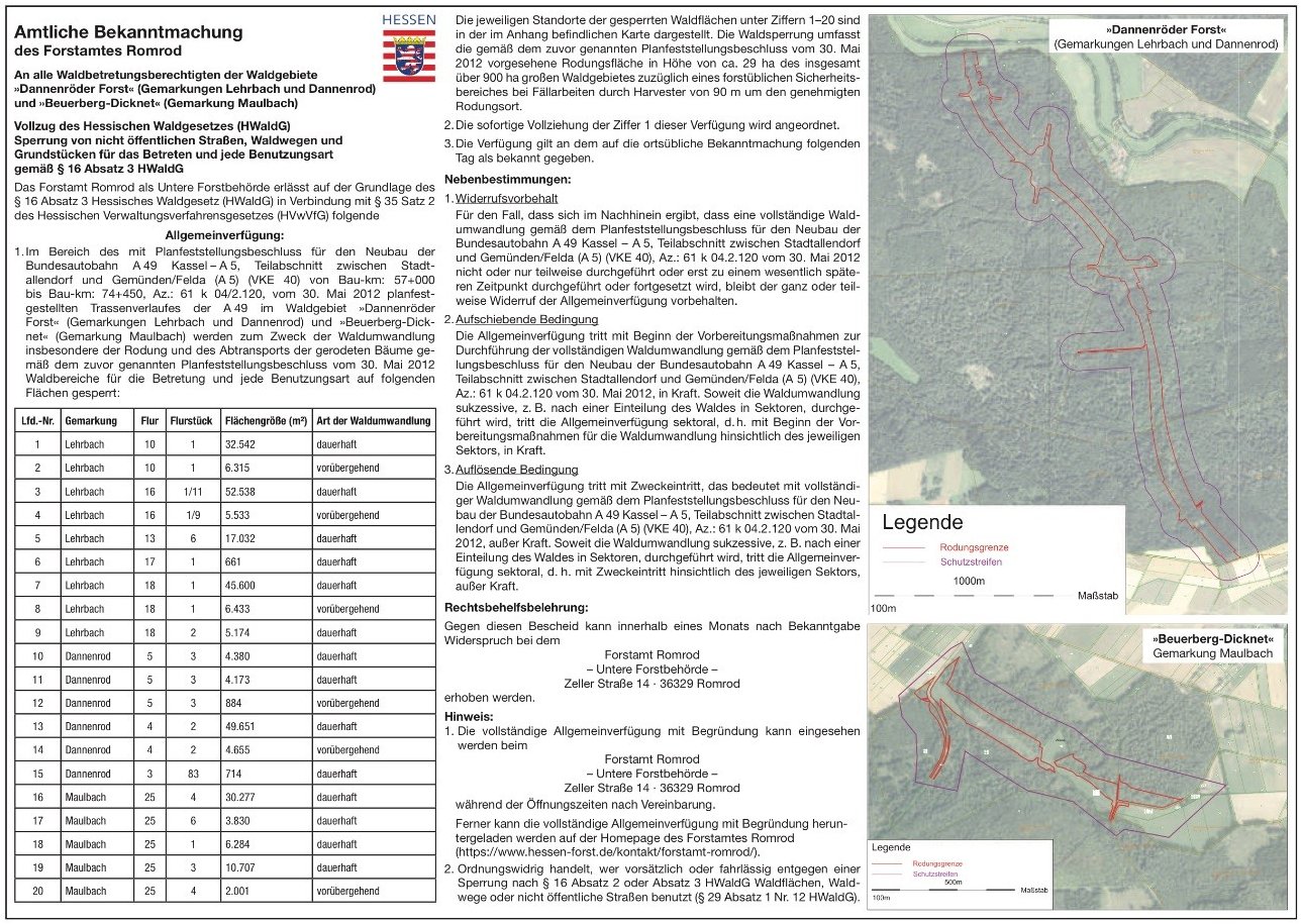 Allgemeinverfügung Forstamt Romrod, verbietet Spaziergänge usw. im abzuholzenden Wald
